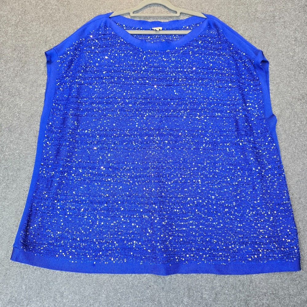 Reba Poncho Top Womens 2X Royal Blue Sequin Crochet Knit Round Neck Pullover